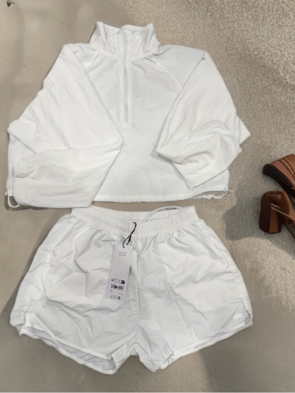 White Cropped Pullover and Running Shorts Set